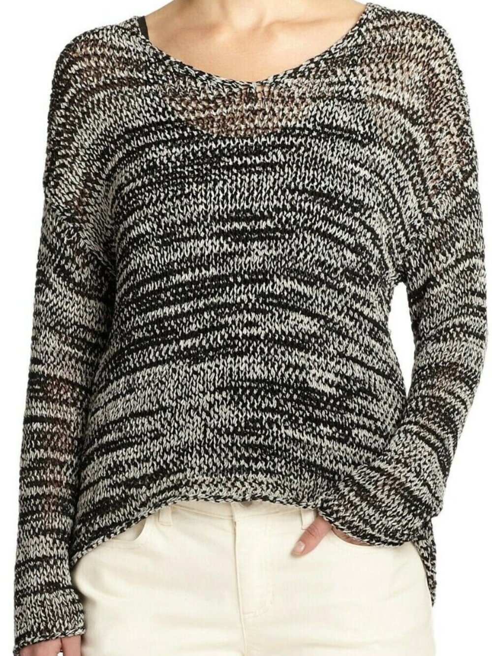 Eileen Fisher Black and Cream Marled Scoop Neck Sweater